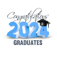 Design template of congratulations graduates class of 2024, banner with 3d realistic academic hat, volumetric blue numbers and congrats text for high school or college graduation. Vector illustration