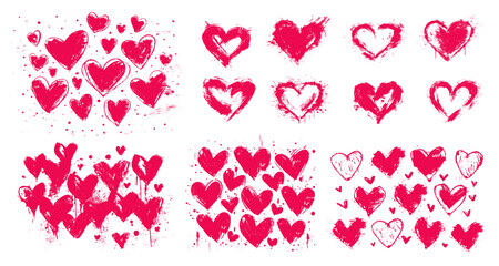 Set of brush stroke textured grunge hearts. Vector love symbols. Hand drawn pink Valentine's Day heart with paint splashes. Graffiti romantic design on white background