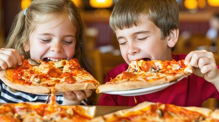 With unbridled enthusiasm, the kids eagerly indulge in their pizza, thoroughly enjoying the flavorful experience.