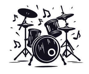 Black doodle drum kit with musical notes, for rock festival or music event. Vector sketch drums