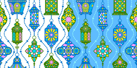 Seamless pattern with ornate ramadan lanterns, arabic lamps. Fanous lantern, flat, silhouette vintage design. Eastern, turkish, moroccan traditional lamp, color texture. Vector illustration