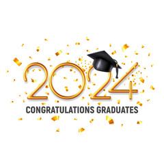 Design template of congratulations graduates class of 2024, banner with 3d realistic academic hat, volumetric gold numbers and confetti for high school or college graduation. Vector illustration - obrazy, fototapety, plakaty