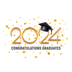 Poster Design template of congratulations graduates class of 2024, banner with 3d realistic academic hat, volumetric gold numbers and confetti for high school or college graduation. Vector illustration © Pagina
