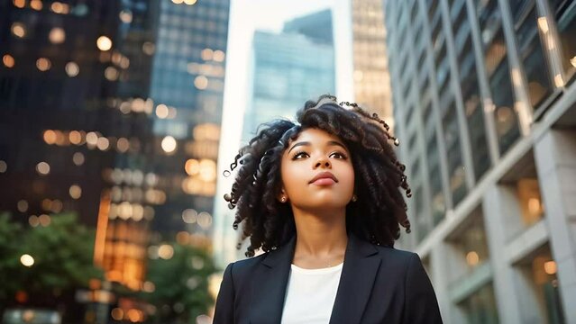 Beautiful young black businesswoman with curly hair in the city looking up at skyscrapers. High quality 4k footage