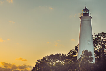 The St. Marks Lighthouse at sunset in Wakulla, Florida.