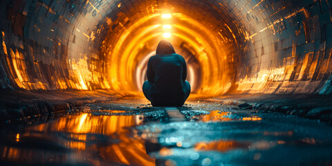 Solitary Figure Sitting in a Tunnel with Golden Lights