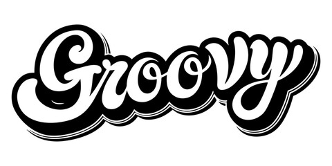Word "Groovy" in Groovy retro style. Vintage hippie 70s 80s aesthetic theme. Black and white. Isolated. vector illustration