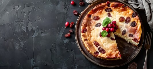 Cheesecake with raisins and chocolate. cutlery. Sweet pastries and dessert. generative ai