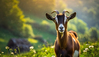 A goat with black, brown and white fur and curved horns stands against a blurred natural background. - obrazy, fototapety, plakaty