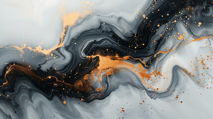 Abstract fluid art painting in black, white and gold color palette, with swirling patterns of liquid paint resembling marble swirls. 16:9