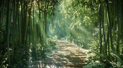 Stroll through a serene haven where towering bamboo stalks create a verdant canopy, inviting you to...