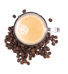 cup of espresso with roasted coffee beans on transparent background top view