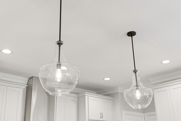 Modern Kitchen with Stylish Glass Pendant Lights, Farmhouse Lighting Solution