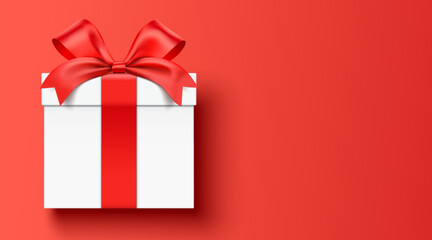 White gift box wrapped with red ribbon, lying down on a red horizontal background with copy space, realistic vector illustration. © Topuria Design