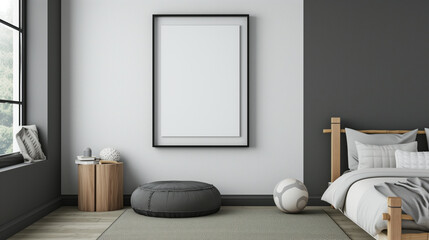 Sleek modern bedroom interior with blank frame for mockup.