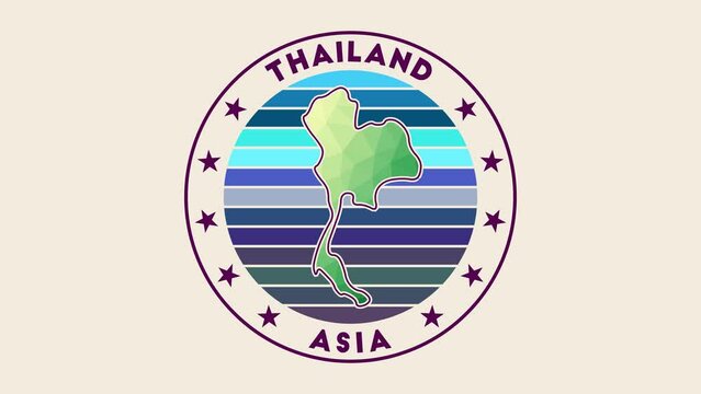 Thailand intro video. Badge with the circular name and map of the country in low poly tech geometric style. Artistic country round logo animation.