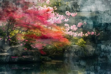 This photo captures a painting depicting a river flowing through a landscape filled with trees and rocks, Abstract impressions of a Japanese Zen garden in spring, AI Generated