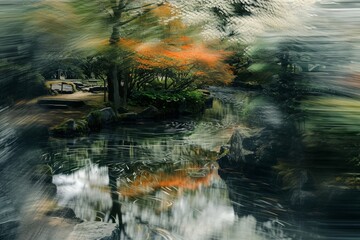 A digital painting depicting a river flowing through a landscape of trees, showcasing the beauty of nature in a digital format, Abstract impressions of a Japanese Zen garden in spring, AI Generated