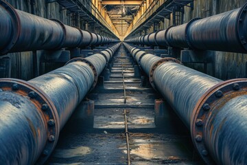 A photo showing a lengthy series of pipes in a building, stretching from one end to the other, Abstract interpretation of a pipeline system, AI Generated