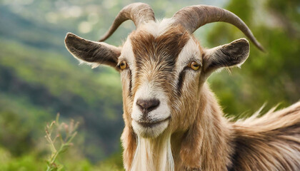 A close-up of a goat with white and brown fur and curved horns stands against a blurred natural background.