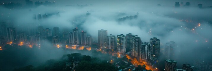 A foggy aerial view of the cityscape, with skyscrapers towering over skyline.