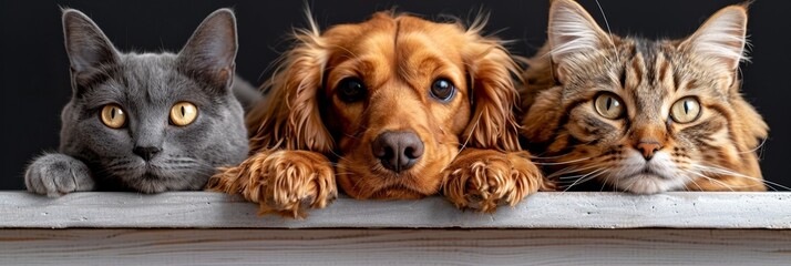 An adorable cocker puppy rests with a group of playful cats, showcasing their gorgeous friendship.