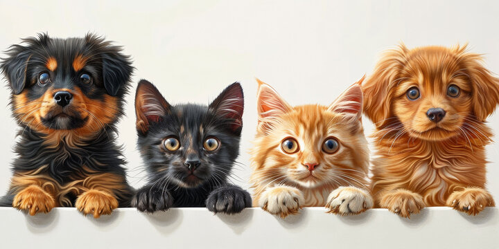 A group of adorable kittens and puppies with fluffy fur, sitting on a white background.