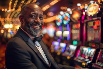 In a casino, a fashionable elderly black man tries his luck at the slot machines.