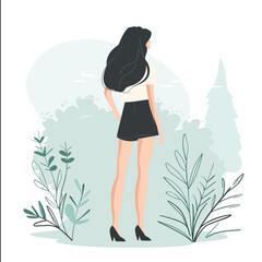Young woman standing in the park. Vector illustration in flat style.