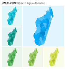 Madagascar map collection. Country shape with colored regions. Light Blue, Cyan, Teal, Green, Light Green, Lime color palettes. Border of Madagascar with provinces for your infographic.