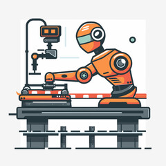 Naklejka premium Robot working on the conveyor belt. Vector illustration in flat style