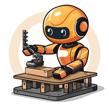 Robot working on a wooden table. Cute cartoon vector illustration.