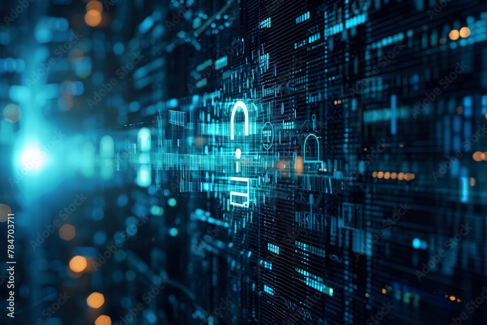 Poster a computer screen displaying a lock icon, indicating that the device is securely locked, abstract re