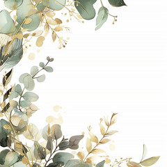 A frame of green leaves with a white background. The frame is gold and the leaves are painted in a watercolor style