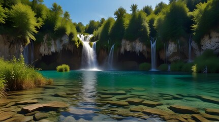 Exotic waterfall and lake landscape of Plitvice Lakes .Generative AI