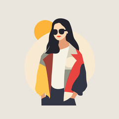 Stylish girl in a jacket and sunglasses. Vector illustration in flat style