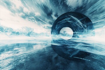 A massive tunnel stands tall in the middle of a body of water, creating an impressive sight, Abstract visual representation of futuristic climate change, AI Generated - obrazy, fototapety, plakaty