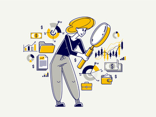 Financial analytics vector outline illustration, analytic with magnifying glass making inquiry about finances, financier reviewing cash-flow, budget balance.
