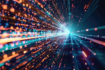 Visual representation of an abstract technology background illustrating high-speed global data transfer, ultra-fast broadband, and connection. The artwork suggests digital cyber tech motion. 