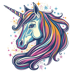 Fototapeta na wymiar Unicorn head with rainbow mane and stars. Vector illustration