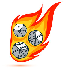 Dice with flames falling vector 3d illustration, gambling games design, board games, realistic cubes fortune luck.