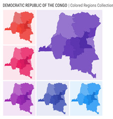 DR Congo map collection. Country shape with colored regions. Deep Purple, Red, Pink, Purple, Indigo, Blue color palettes. Border of DR Congo with provinces for your infographic. Vector illustration.
