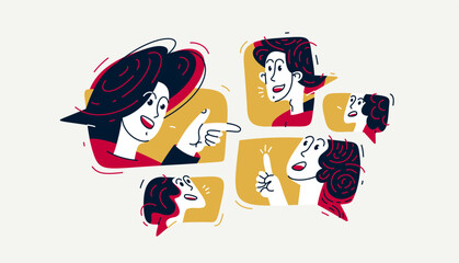 Group of young people having a discussion online via messenger, vector illustration of remote team in a conversation or brainstorm, business and work or webinar.