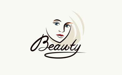 Emblem for a beauty studio or cosmetology clinic or cosmetics brand, vector illustration of a beauty woman face with Beauty work handwritten lettering, classic style logo.