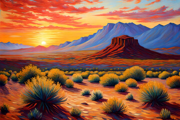 New Mexico desert at sunset in oilpaint. 
Impressionistic style - obrazy, fototapety, plakaty