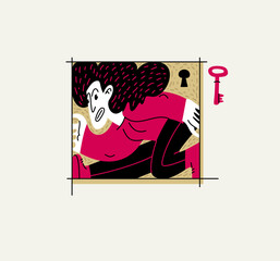 Woman is locked in a rectangular frame, social and cultural restrictions concept, vector illustration of a girl in uncomfortable pose is locked in her mind barriers, cultural frame idea.
