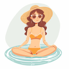 Vector illustration of a young woman in a swimsuit and hat sitting in the water.