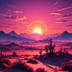 A desert with a rising sun with aura in synthwave colors