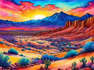 New Mexico desert at sunset in watercolour. 
Fantasycore style