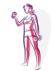 Gym and fitness vector illustration of a young attractive woman doing workout exercises, perfect muscular athletic body young adult girl sport training.